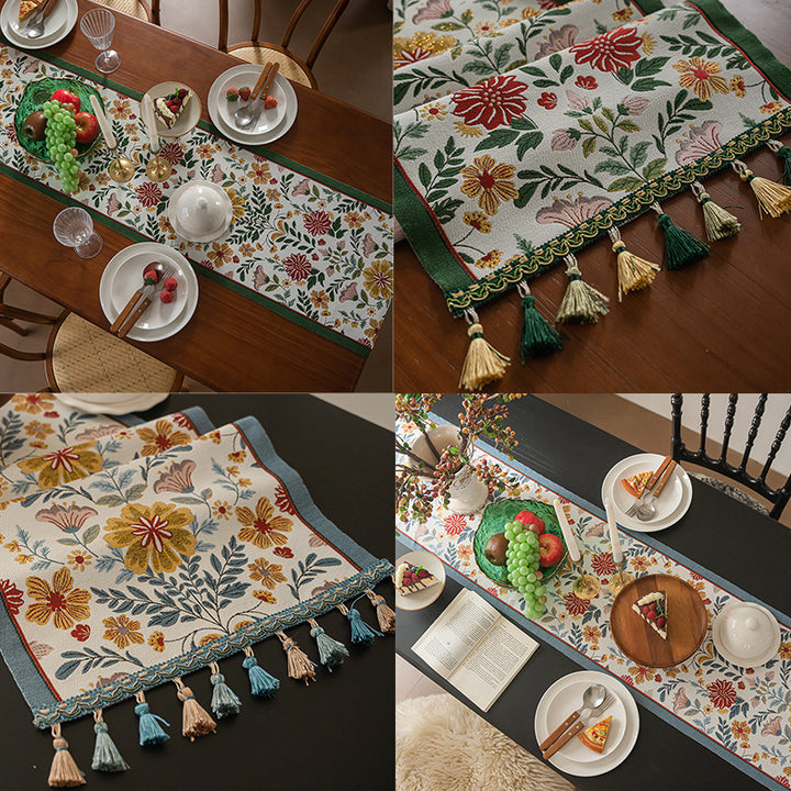 Premium American Vintage-Style Jacquard Tassel Table Runner