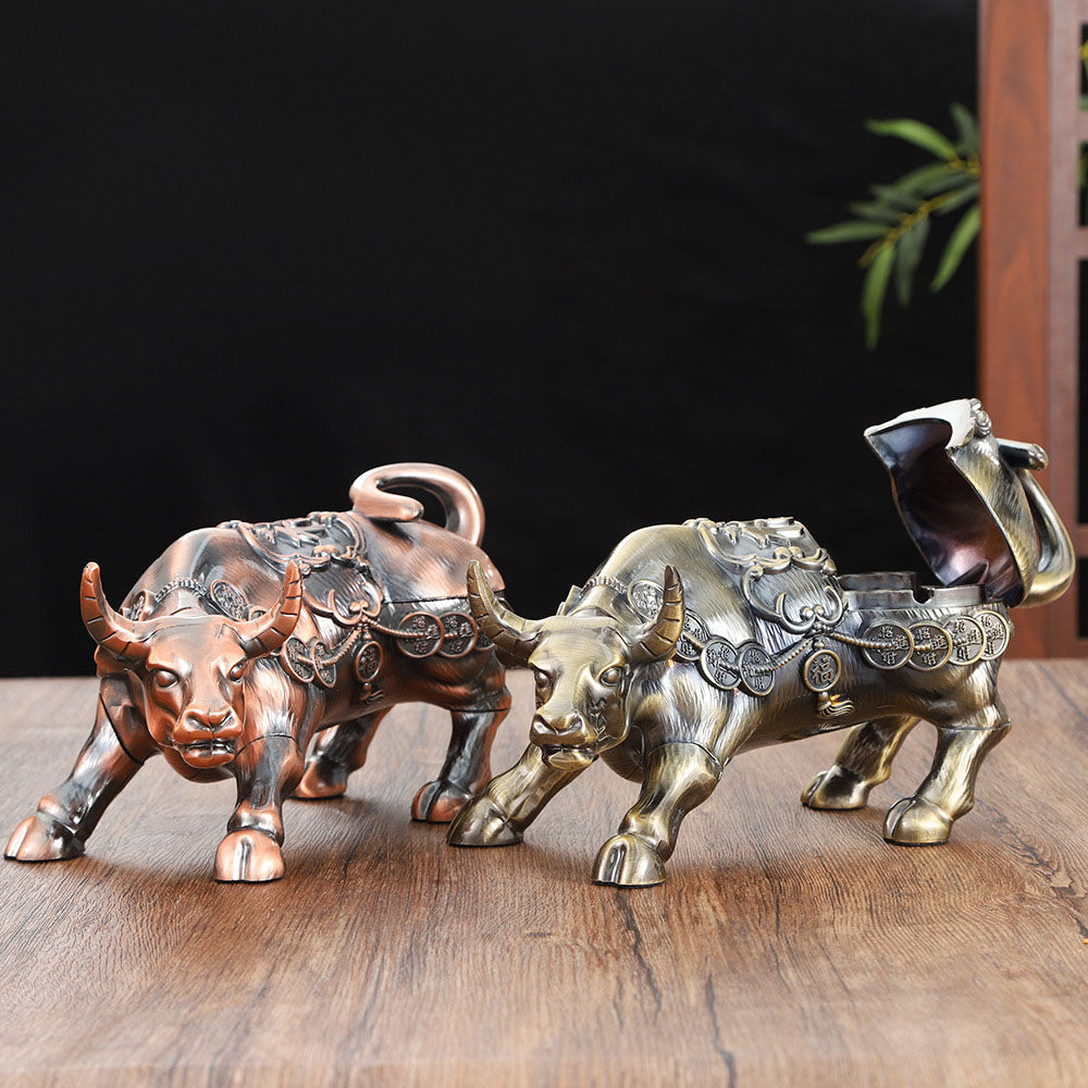 Luxury Golden Charging Bull Ashtray – Bronze Wealth Sculpture
