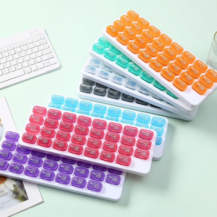 Waterproof, portable, 31-compartment detachable pill organizer