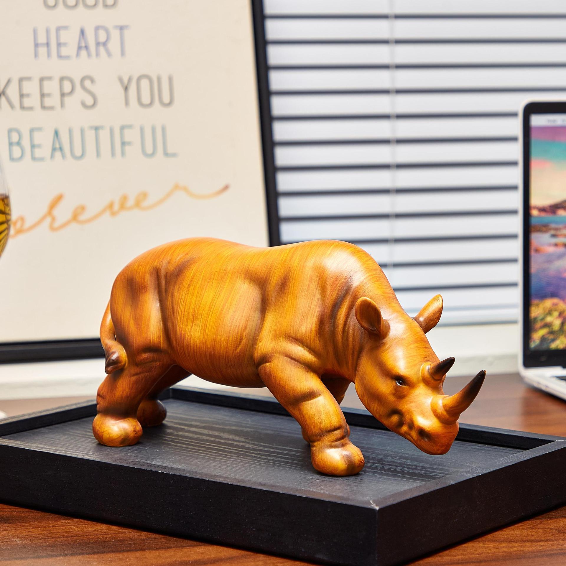 Light Luxury Faux Wood-Grain Resin Rhino Ornament