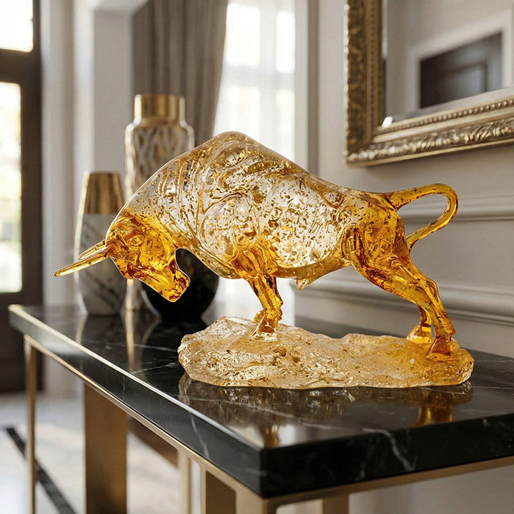 Dynamic Amber Glass Bull Sculpture – Symbol of Victory &amp; Unstoppable Force