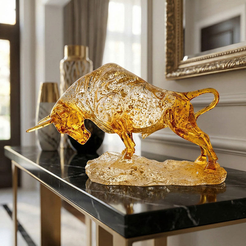 Dynamic Amber Glass Bull Sculpture – Symbol of Victory & Unstoppable Force