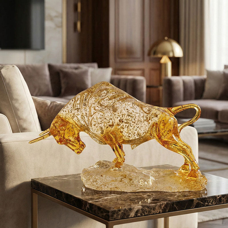 Dynamic Amber Glass Bull Sculpture – Symbol of Victory & Unstoppable Force