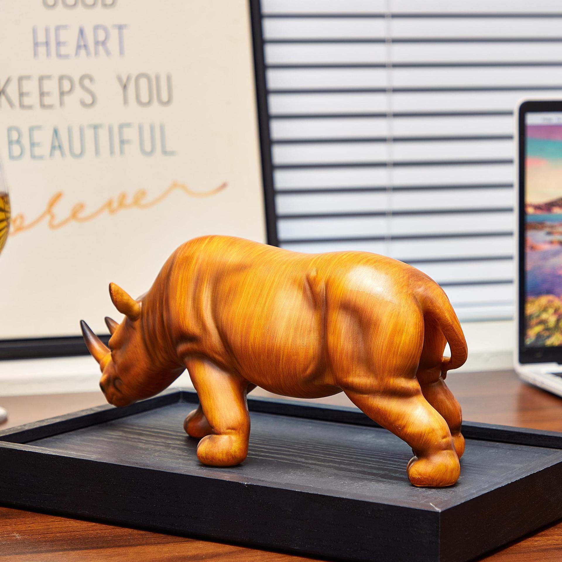 Light Luxury Faux Wood-Grain Resin Rhino Ornament