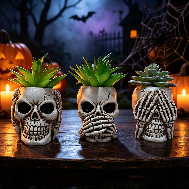 Resin Skull Planter Ornament Set