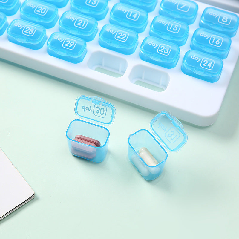 Waterproof, portable, 31-compartment detachable pill organizer