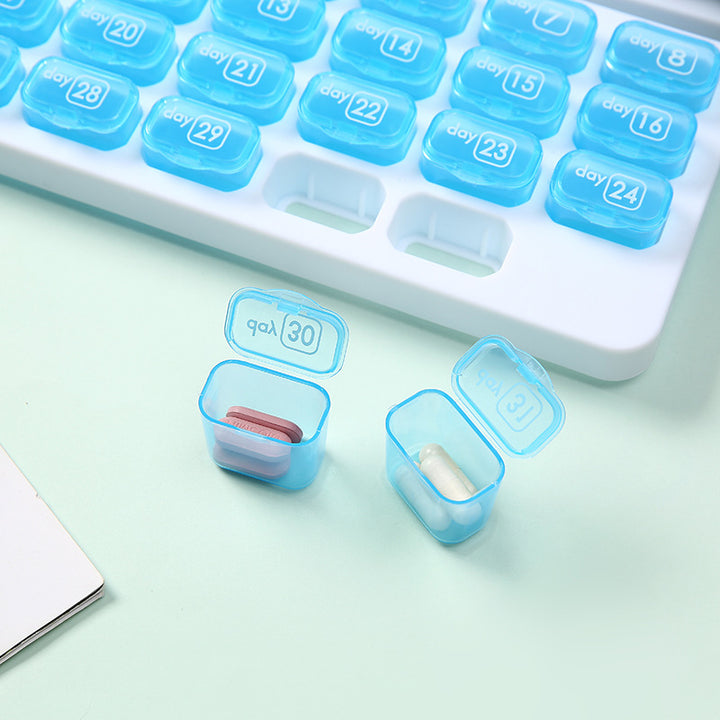 Waterproof, portable, 31-compartment detachable pill organizer