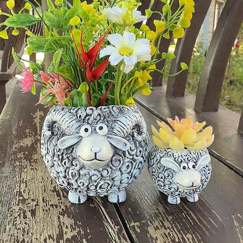 New resin "Mother Sheep with Lamb" planter ornament set