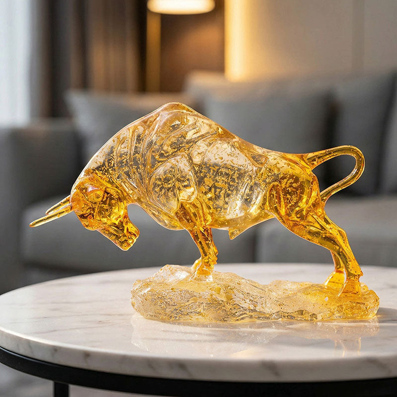 Dynamic Amber Glass Bull Sculpture – Symbol of Victory & Unstoppable Force