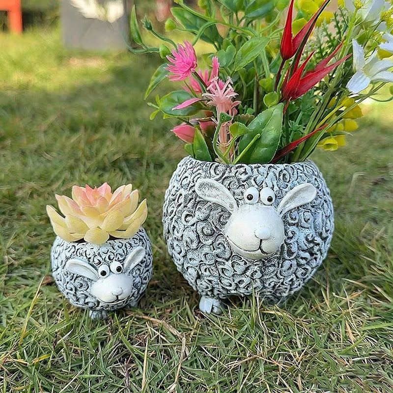 New resin "Mother Sheep with Lamb" planter ornament set