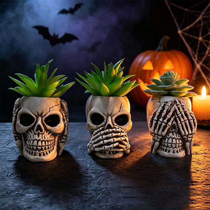 Resin Skull Planter Ornament Set