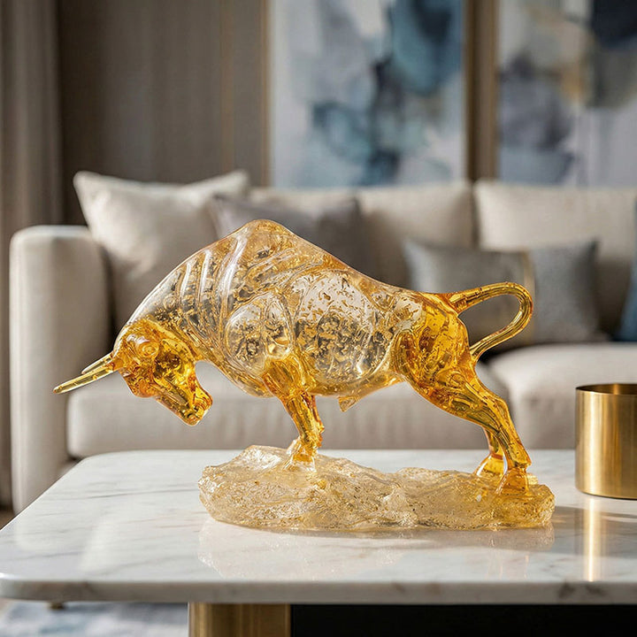 Dynamic Amber Glass Bull Sculpture – Symbol of Victory &amp; Unstoppable Force