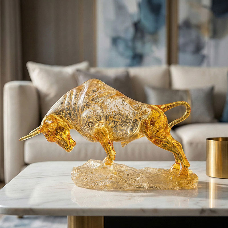 Dynamic Amber Glass Bull Sculpture – Symbol of Victory & Unstoppable Force