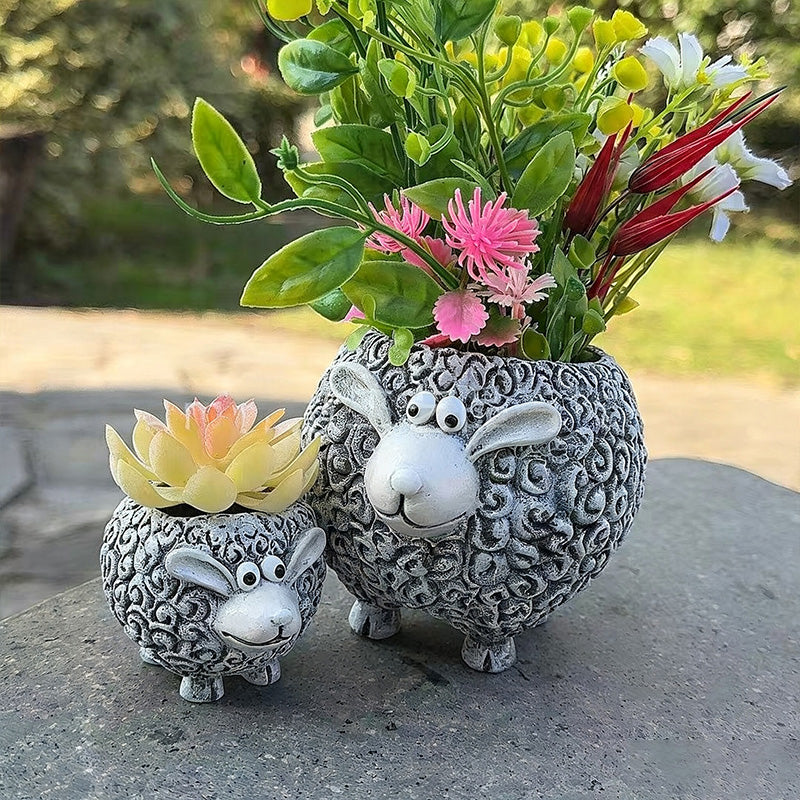 New resin "Mother Sheep with Lamb" planter ornament set