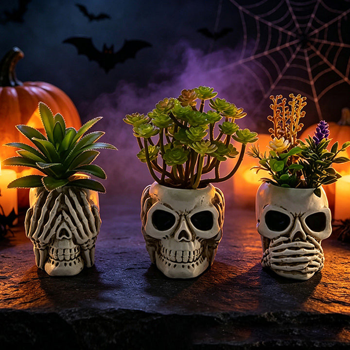 Resin Skull Planter Ornament Set