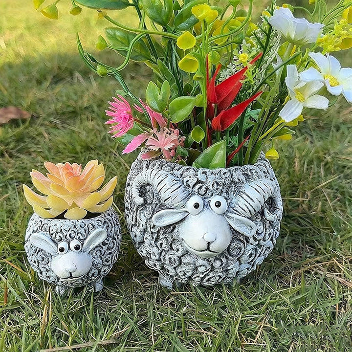 New resin "Mother Sheep with Lamb" planter ornament set