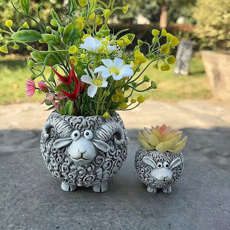 New resin "Mother Sheep with Lamb" planter ornament set