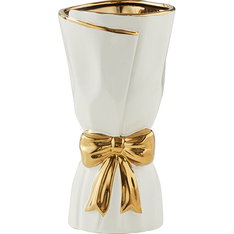 Nordic Minimalist Ceramic Vase with Gold-Rimmed Bow