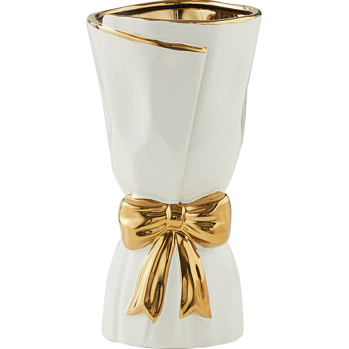 Nordic Minimalist Ceramic Vase with Gold-Rimmed Bow