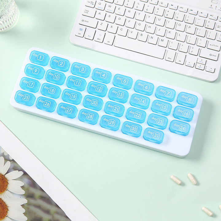 Waterproof, portable, 31-compartment detachable pill organizer