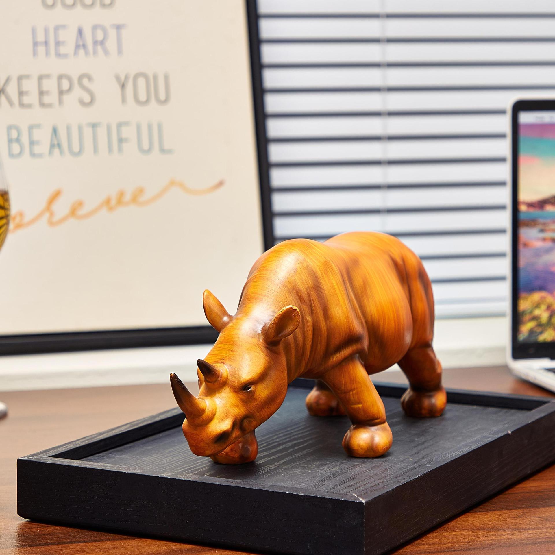 Light Luxury Faux Wood-Grain Resin Rhino Ornament