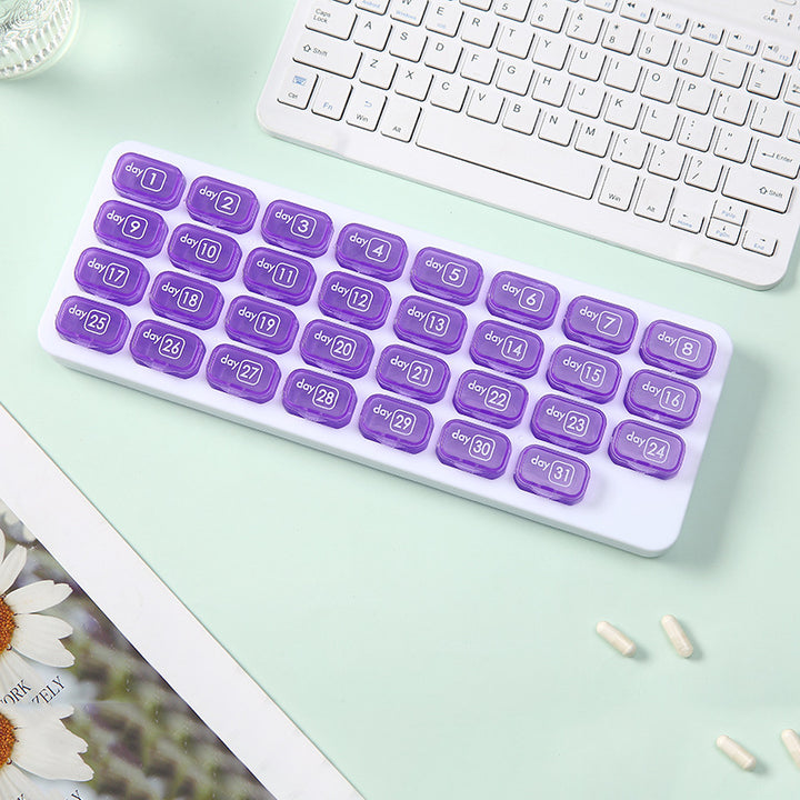 Waterproof, portable, 31-compartment detachable pill organizer