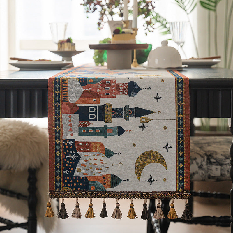 Premium American Vintage-Style Jacquard Tassel Table Runner