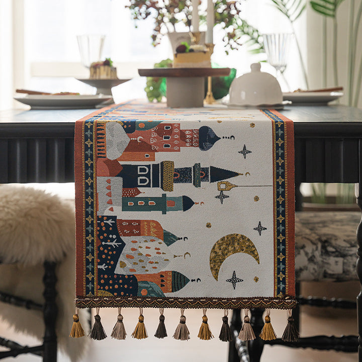 Premium American Vintage-Style Jacquard Tassel Table Runner