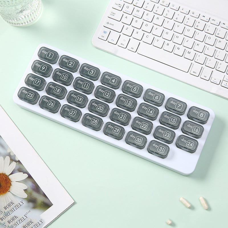Waterproof, portable, 31-compartment detachable pill organizer