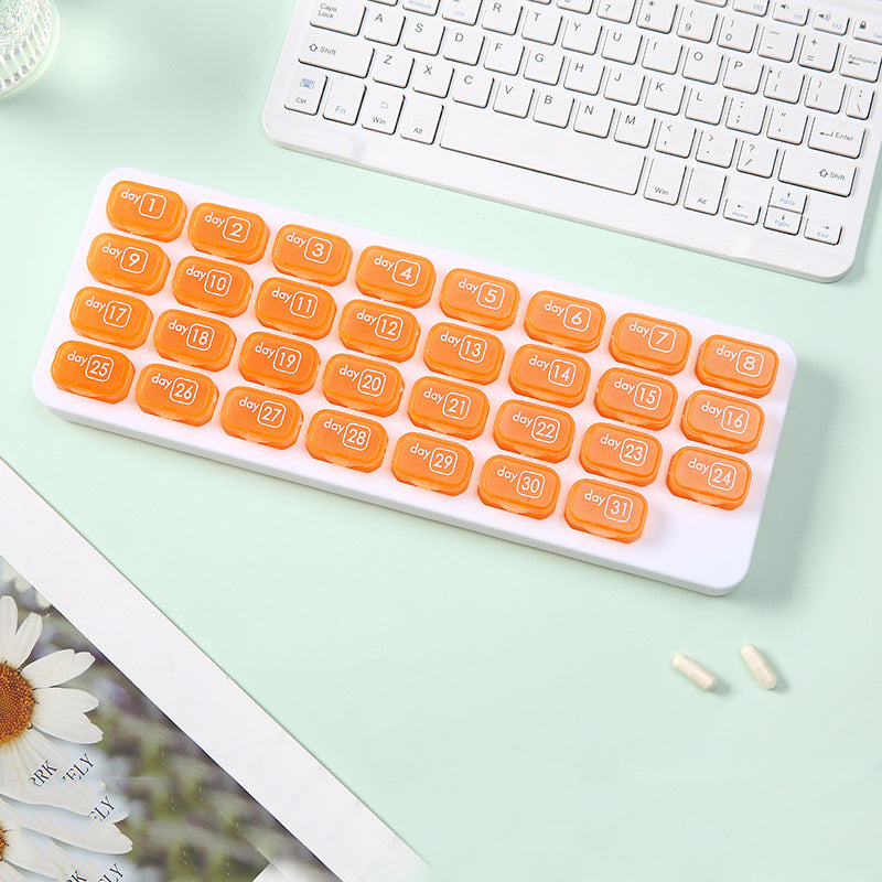 Waterproof, portable, 31-compartment detachable pill organizer