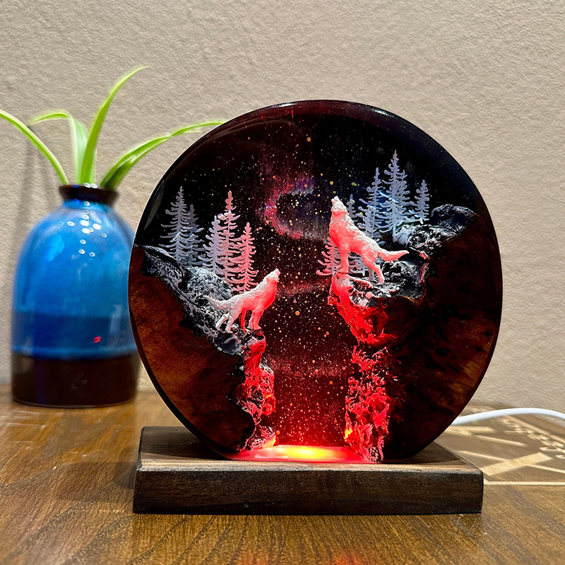 Aurora Borealis, Winter Forest, and Snow Wolf Resin Lamp