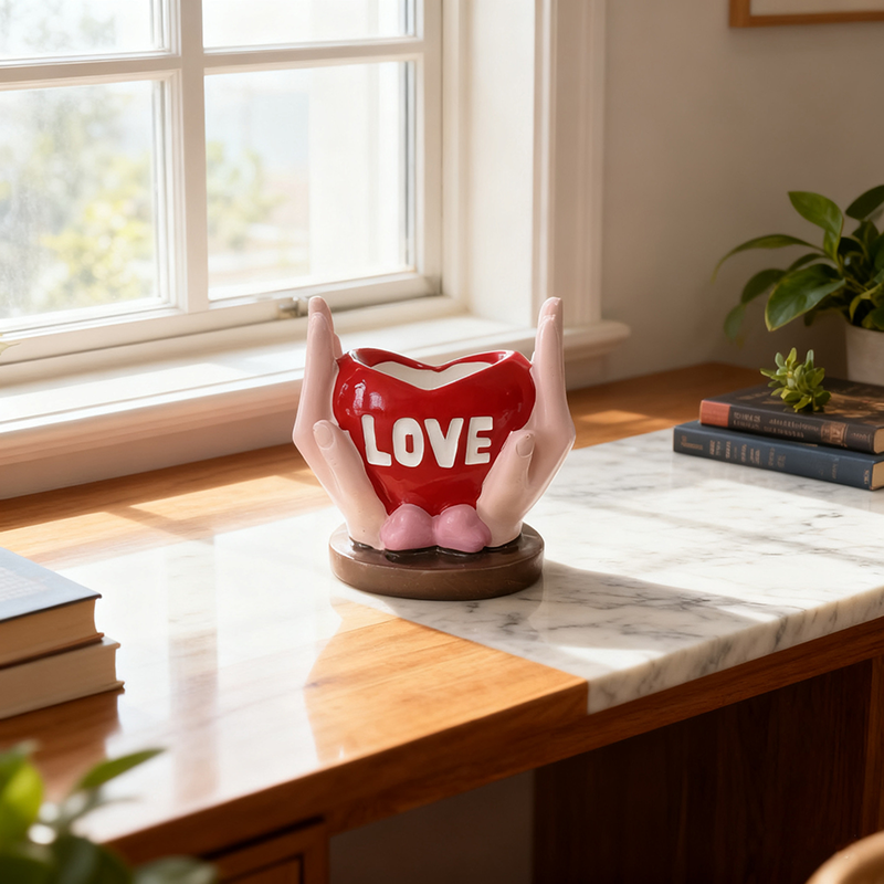 "Love" — Holding a Heart-Shaped Candle Holder
