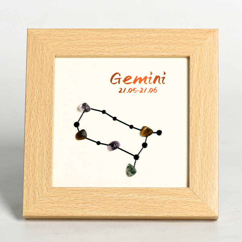 Zodiac Sign Raw Stone and Wooden Frame Display Stand
