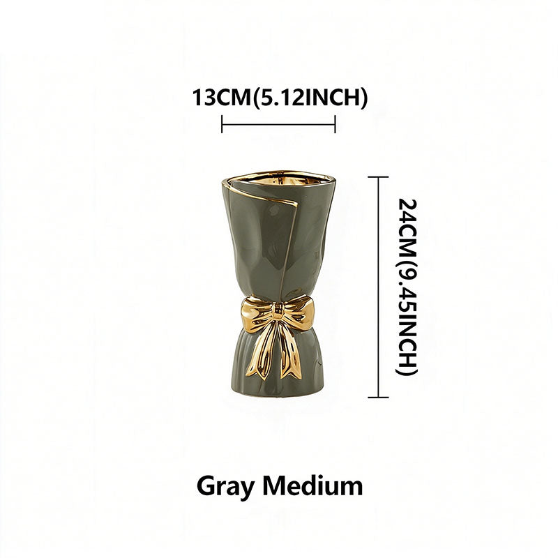 Nordic Minimalist Ceramic Vase with Gold-Rimmed Bow