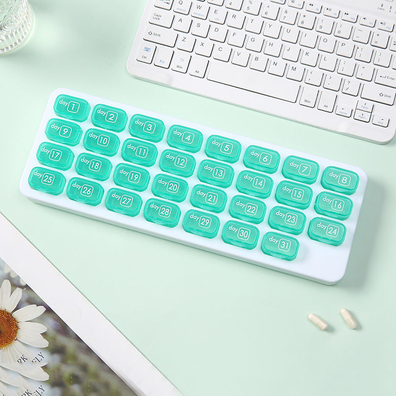 Waterproof, portable, 31-compartment detachable pill organizer