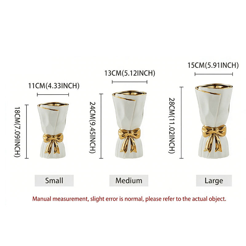 Nordic Minimalist Ceramic Vase with Gold-Rimmed Bow