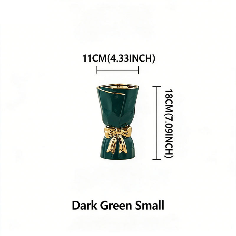 Nordic Minimalist Ceramic Vase with Gold-Rimmed Bow