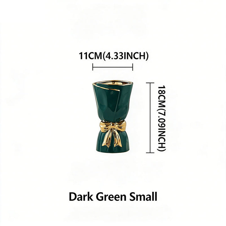 Nordic Minimalist Ceramic Vase with Gold-Rimmed Bow
