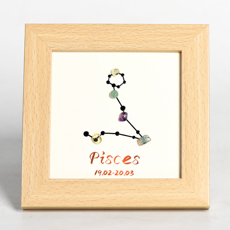 Zodiac Sign Raw Stone and Wooden Frame Display Stand
