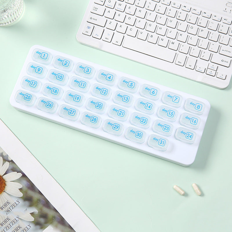 Waterproof, portable, 31-compartment detachable pill organizer