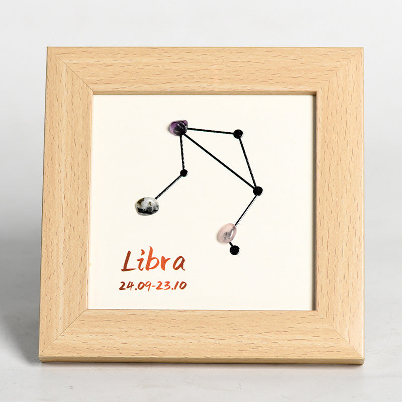 Zodiac Sign Raw Stone and Wooden Frame Display Stand