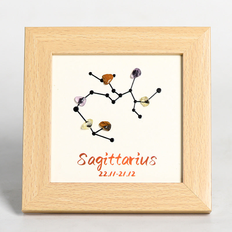 Zodiac Sign Raw Stone and Wooden Frame Display Stand