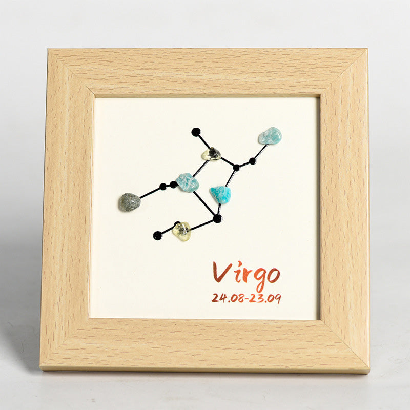 Zodiac Sign Raw Stone and Wooden Frame Display Stand