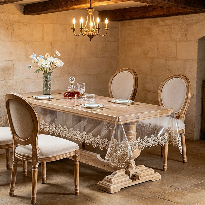 Best-selling soft, transparent tablecloth with lace trim.