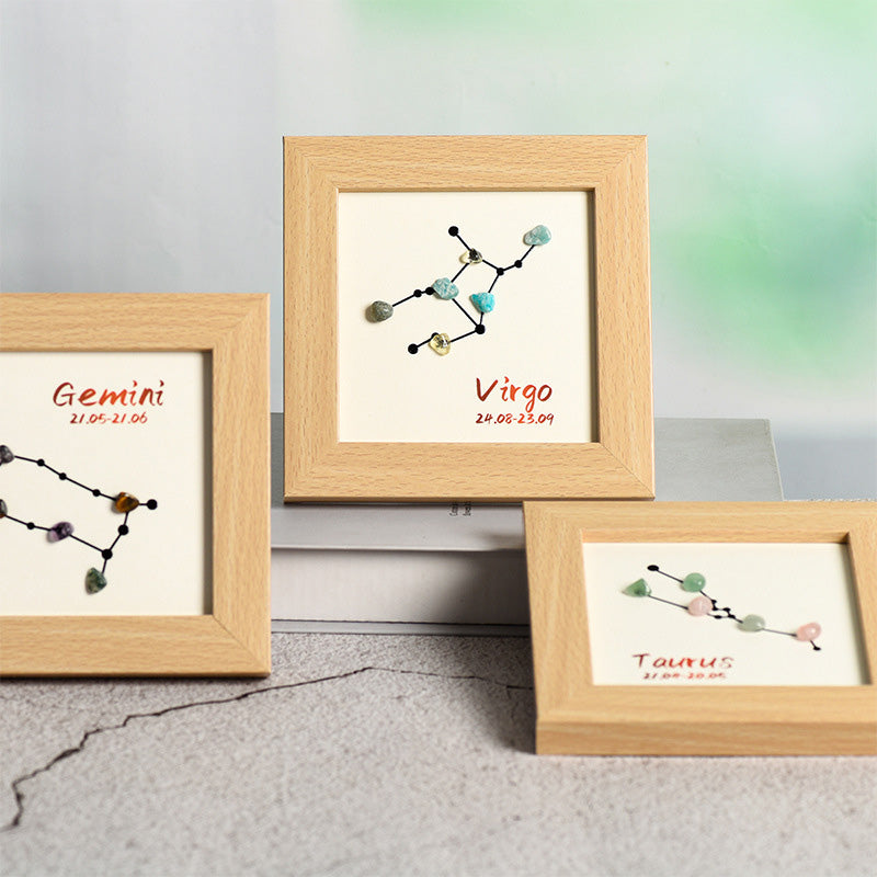 Zodiac Sign Raw Stone and Wooden Frame Display Stand