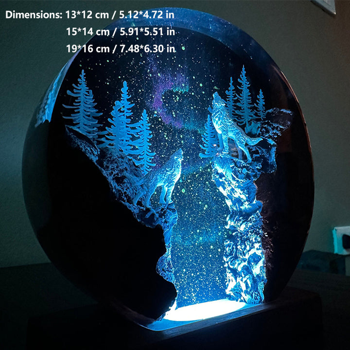 Aurora Borealis, Winter Forest, and Snow Wolf Resin Lamp