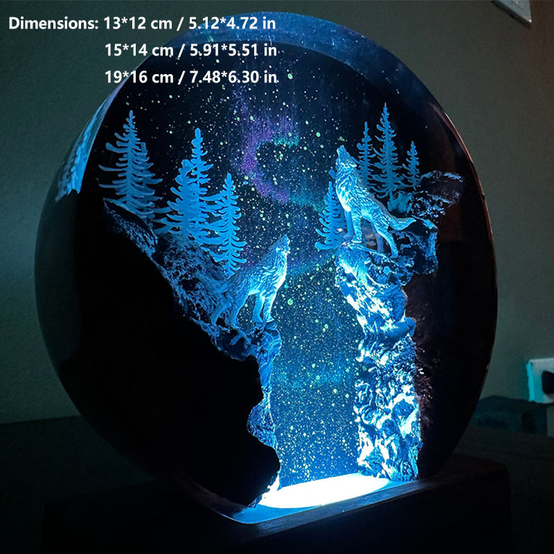 Aurora Borealis, Winter Forest, and Snow Wolf Resin Lamp