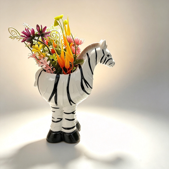 Footed planter with zebra-stripe pattern