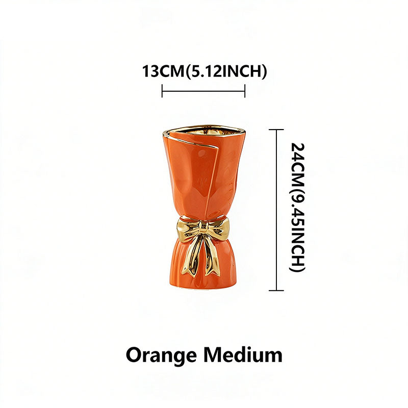 Nordic Minimalist Ceramic Vase with Gold-Rimmed Bow