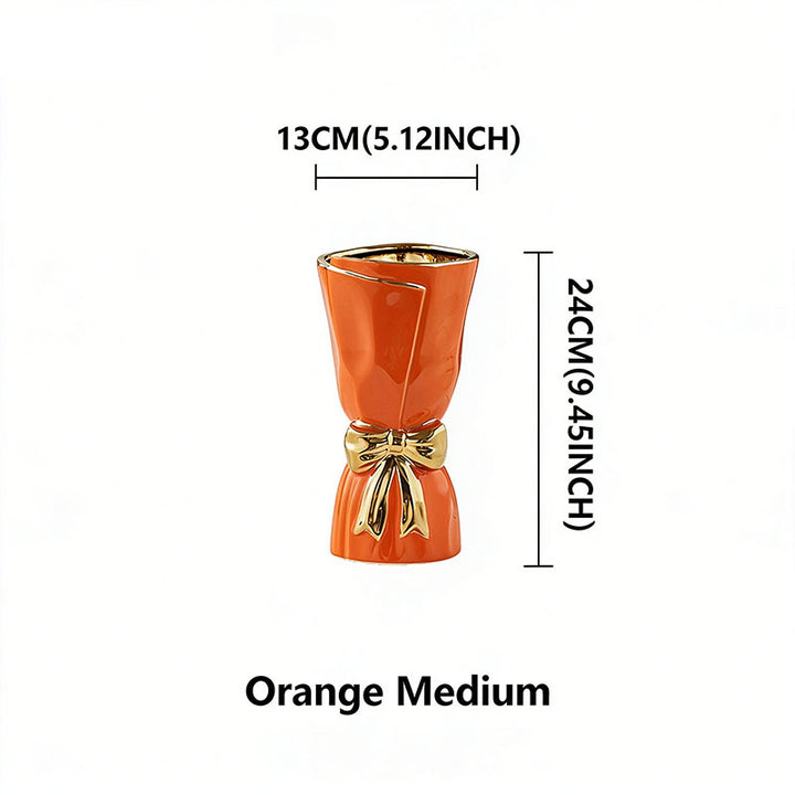 Nordic Minimalist Ceramic Vase with Gold-Rimmed Bow